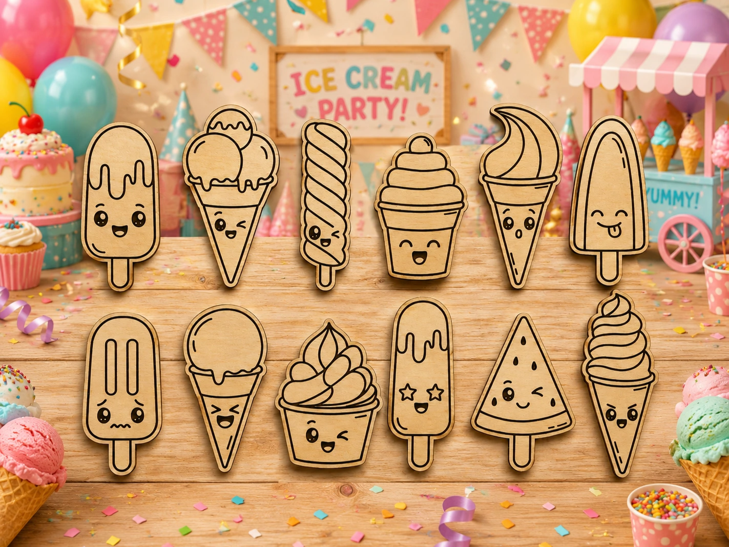 Kawaii Ice Cream Magnet Set SVG XCS | Cute Wooden Fridge Magnets Bundle | Summer Dessert Laser Cut Files | Instant Download