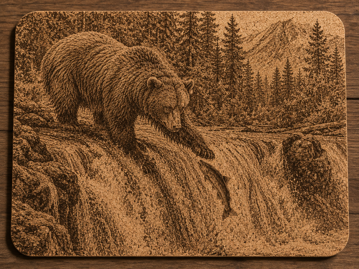 Grizzly Bear Catching Salmon at Waterfall Cork Placemat