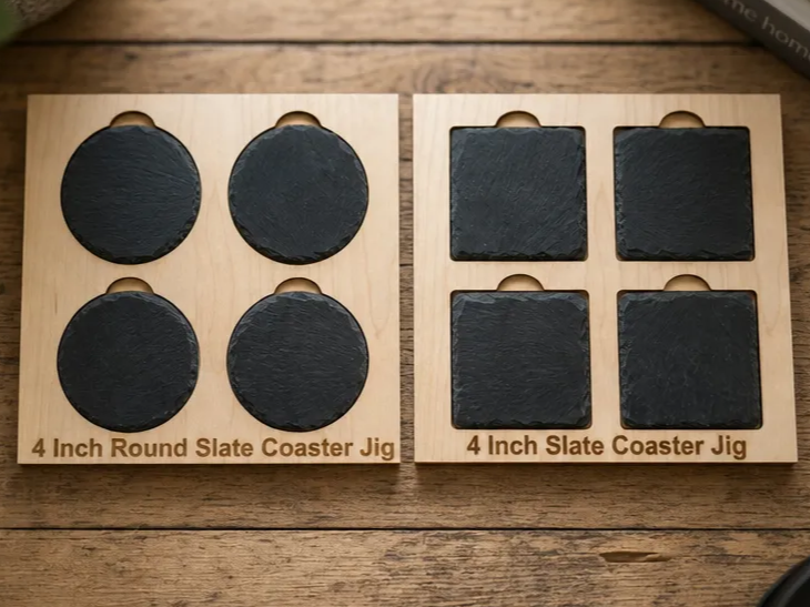 JIG 4-Capacity Slate Coaster Holder Template – Laser Cut Files for 4-Inch Round & Square Coasters – Precision Alignment Jig