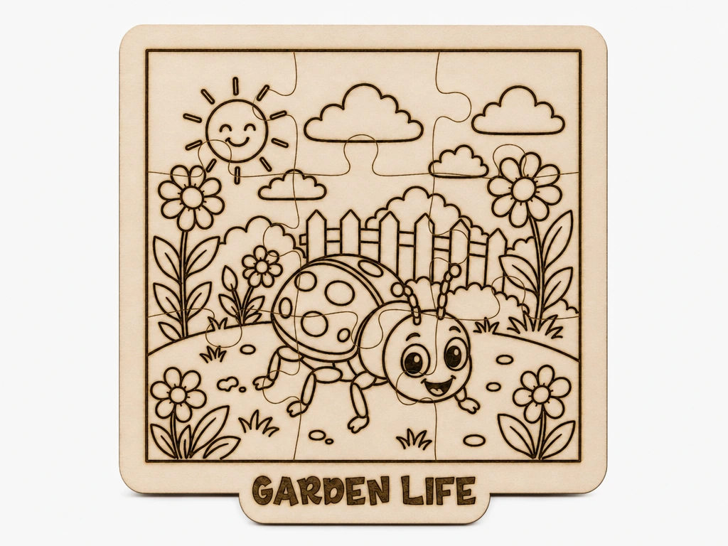 Garden Life Ladybug Wooden Puzzle SVG XCS | Kids Insect Coloring Puzzle | Laser Engraving Design | Montessori Learning Toy