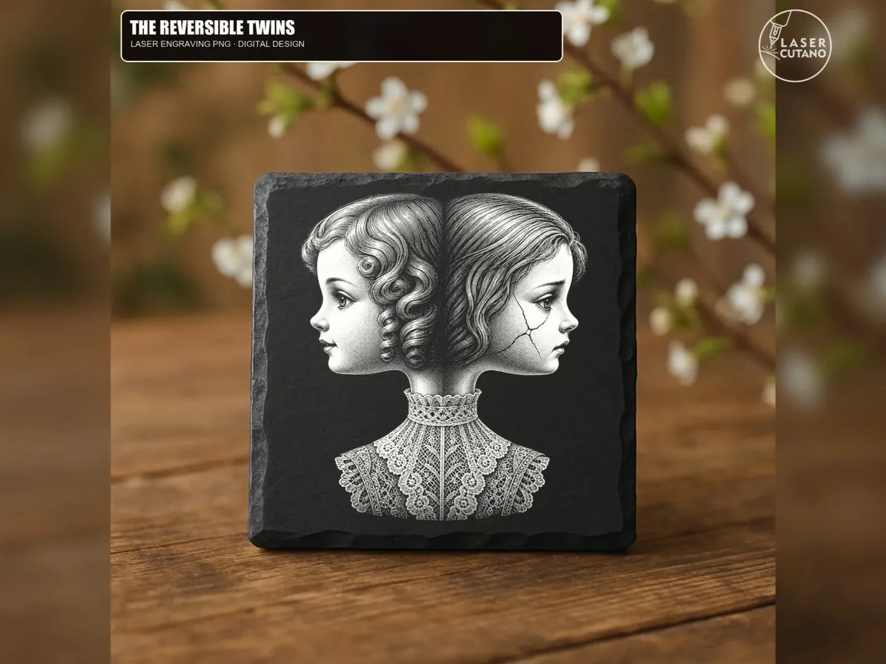 [Laser cut and engrave] Square Slate Coaster Featuring Victorian Style Twin Portrait