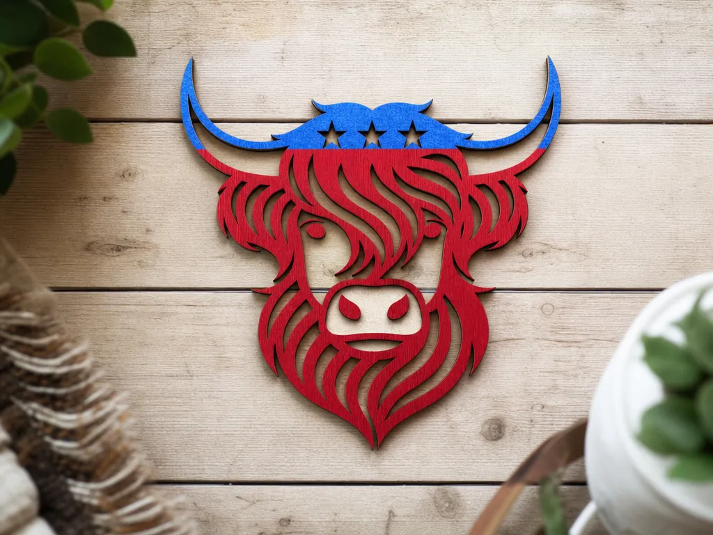 Patriotic Highland Cow Wall Hanging with Red White and Blue Stars