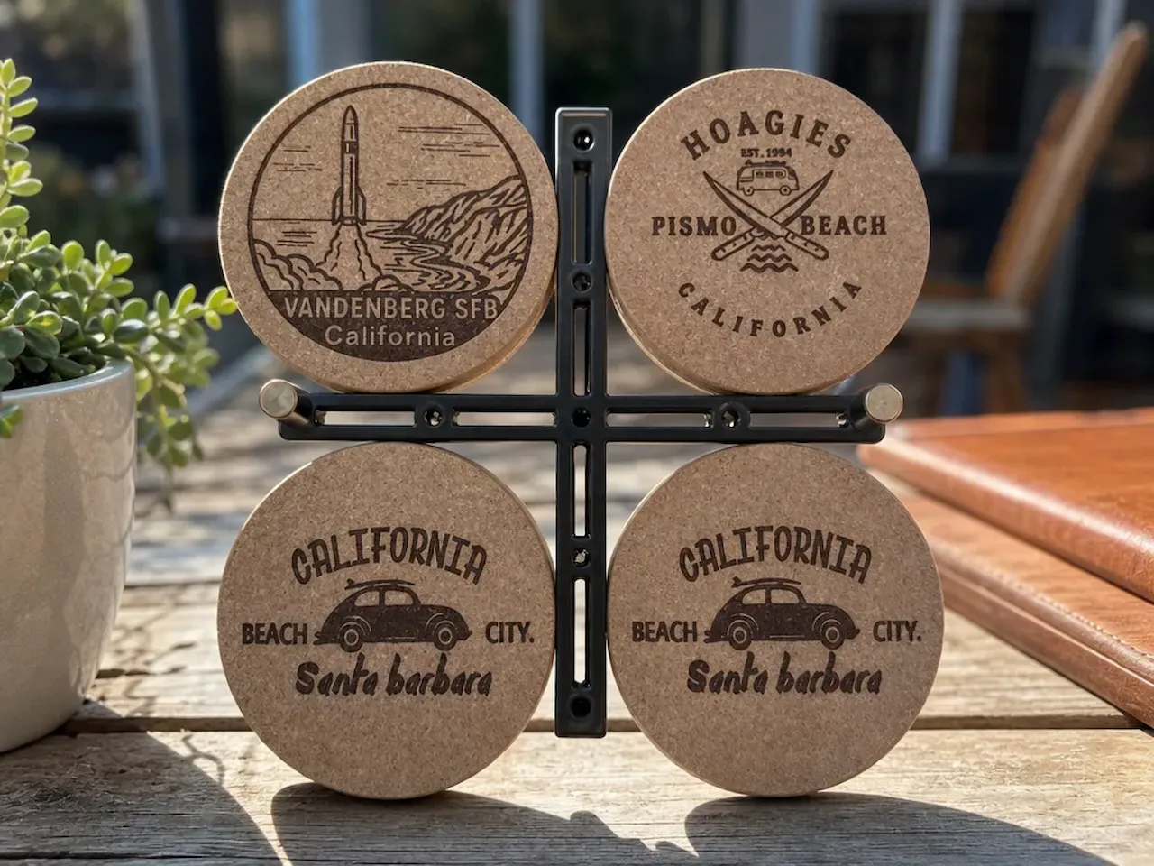 [Laser cut and engrave] California Themed Cork Coaster Set with Travel and Beach Designs
