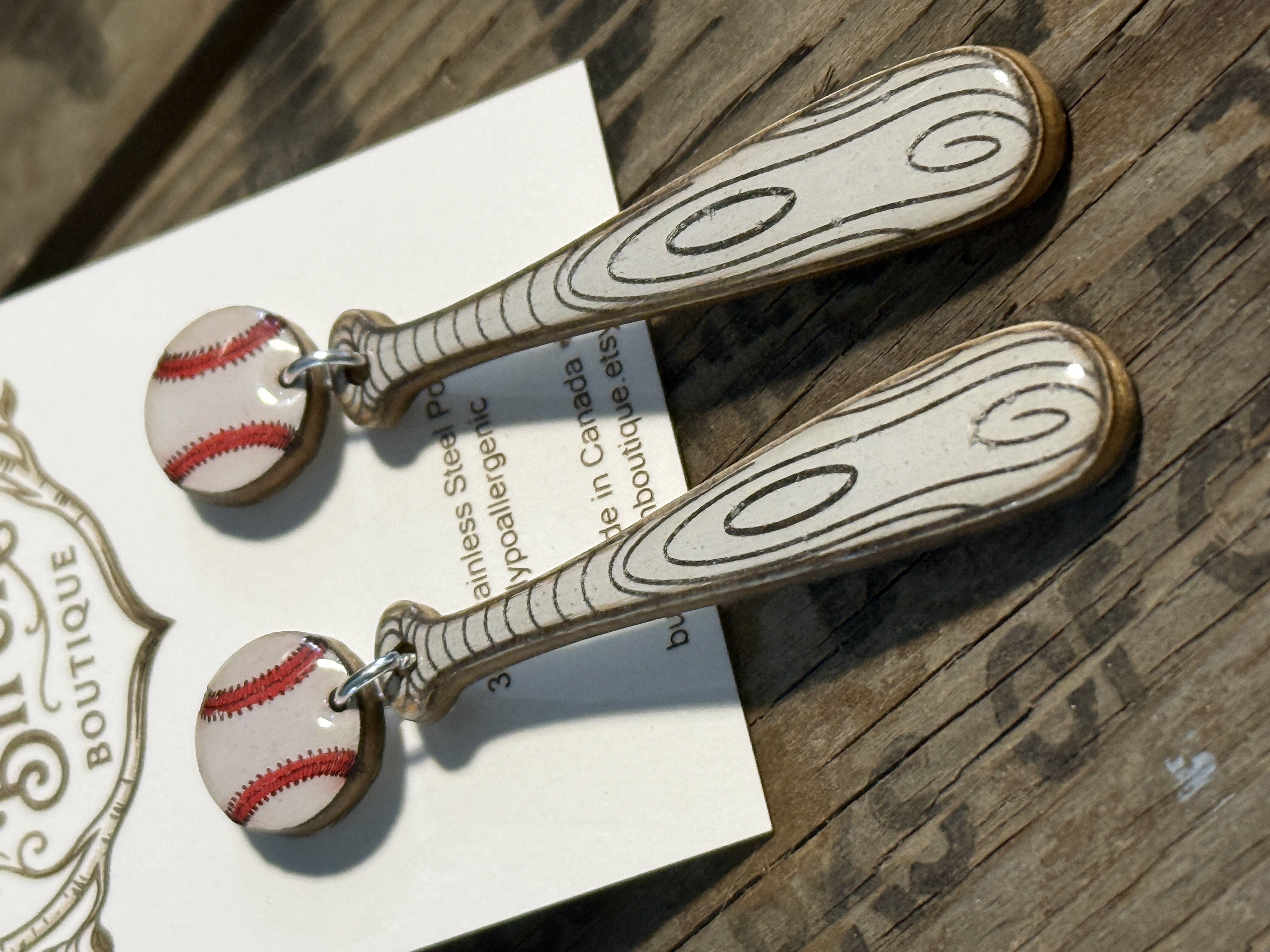 [Laser cut and engrave] Baseball and Bat Dangle Earrings