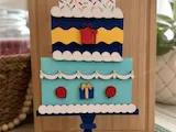 [Laser cut and engrave] Tiered Birthday Cake Tabletop Sign with Gift and Balloon Accents