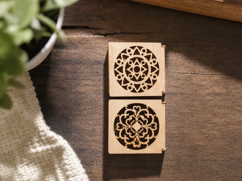 Square Wooden Keepsake Boxes with Intricate Mandala and Filigree Cutout Lids