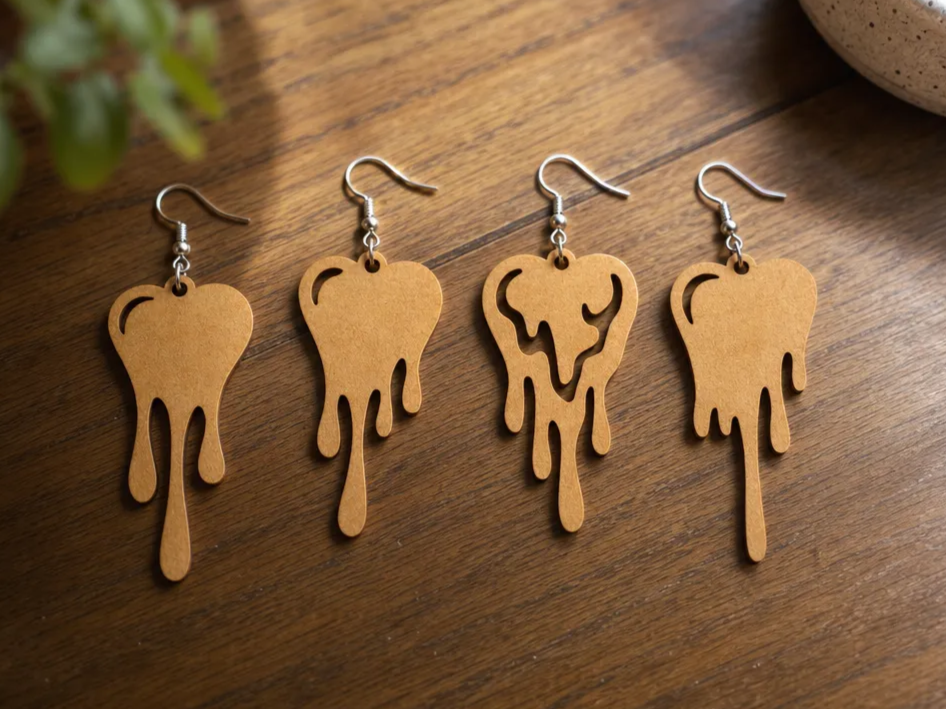 Dripping Heart Shape Wooden Dangle Earrings