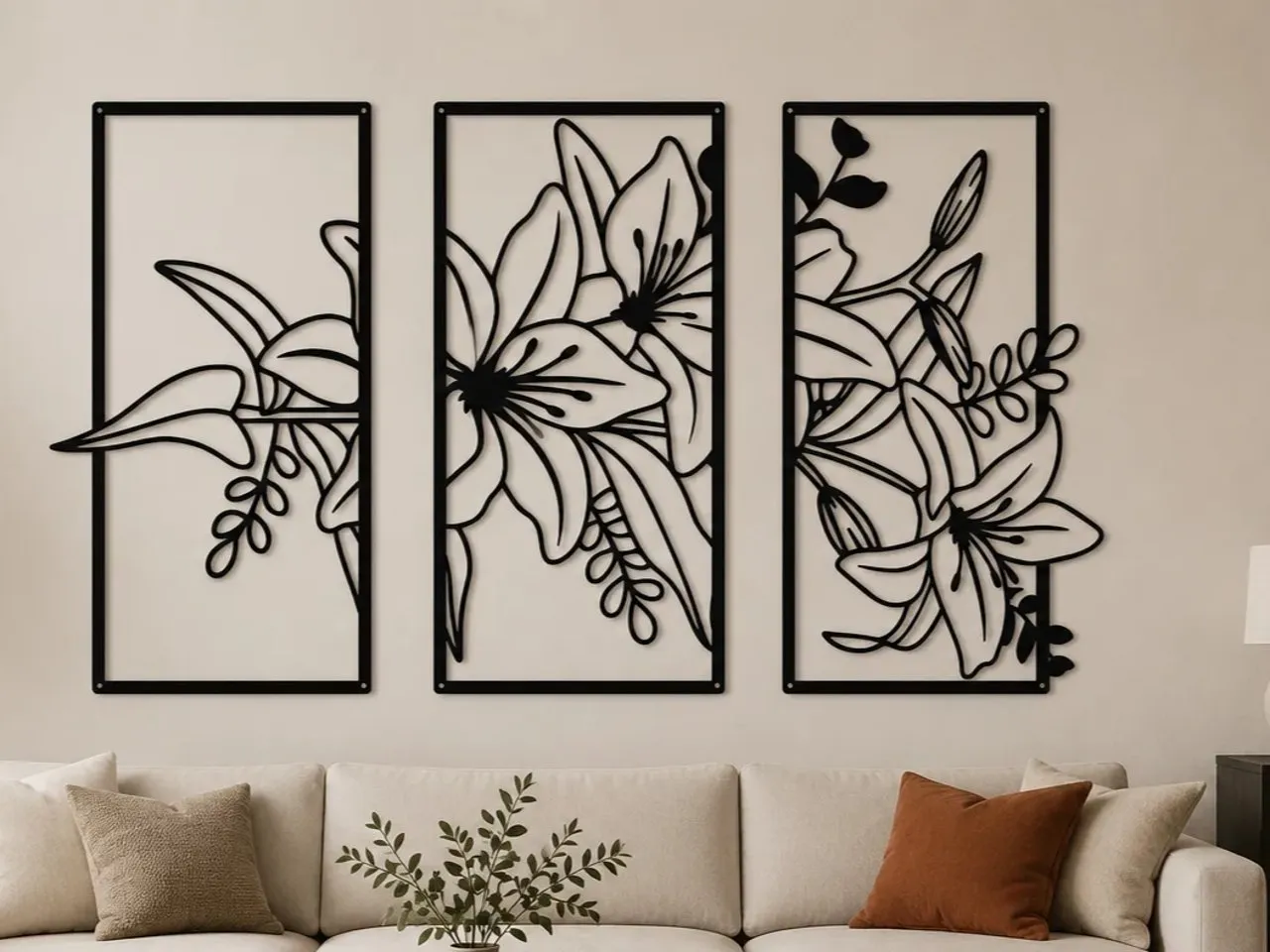 [Laser cut and engrave] Three-Piece Floral Metal Wall Art Set with Lily Motif