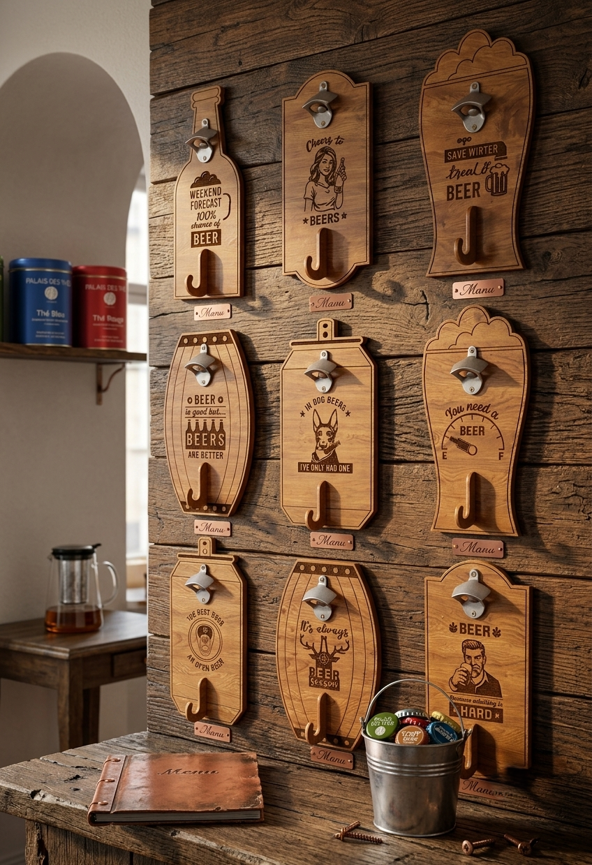 [Laser cut and engrave] Décapsuleur mural en bois avec bac de récupération pour capsules