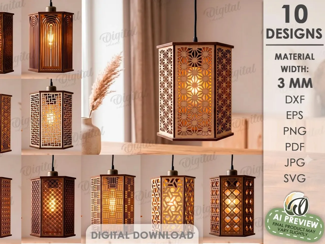 [Laser cut and engrave] 3D Pendant Lamps Bundle. Hanging Lantern Laser Cut Files.Pendant Light Shade SVG. Candle Holder. Geometrical Pattern