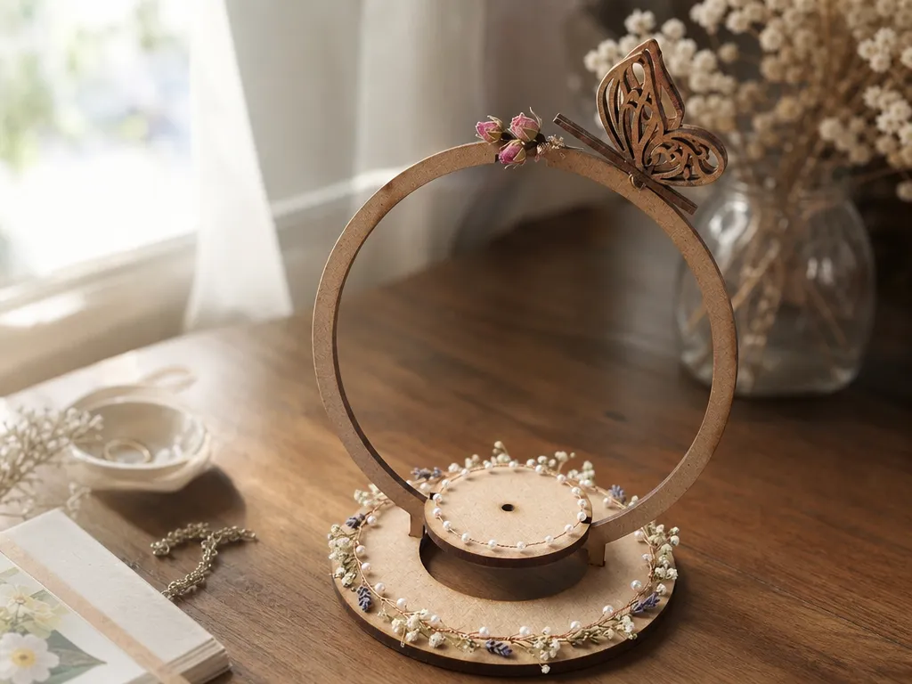 Soporte circular de madera con mariposa