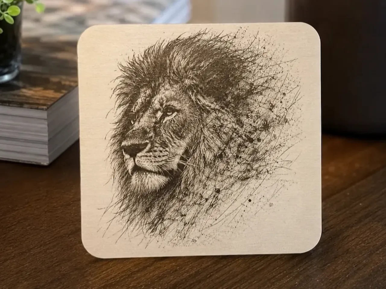 [Laser cut and engrave] Square Wooden Coaster Featuring Detailed Lion Portrait Sketch