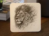 [Laser cut and engrave] Square Wooden Coaster Featuring Detailed Lion Portrait Sketch