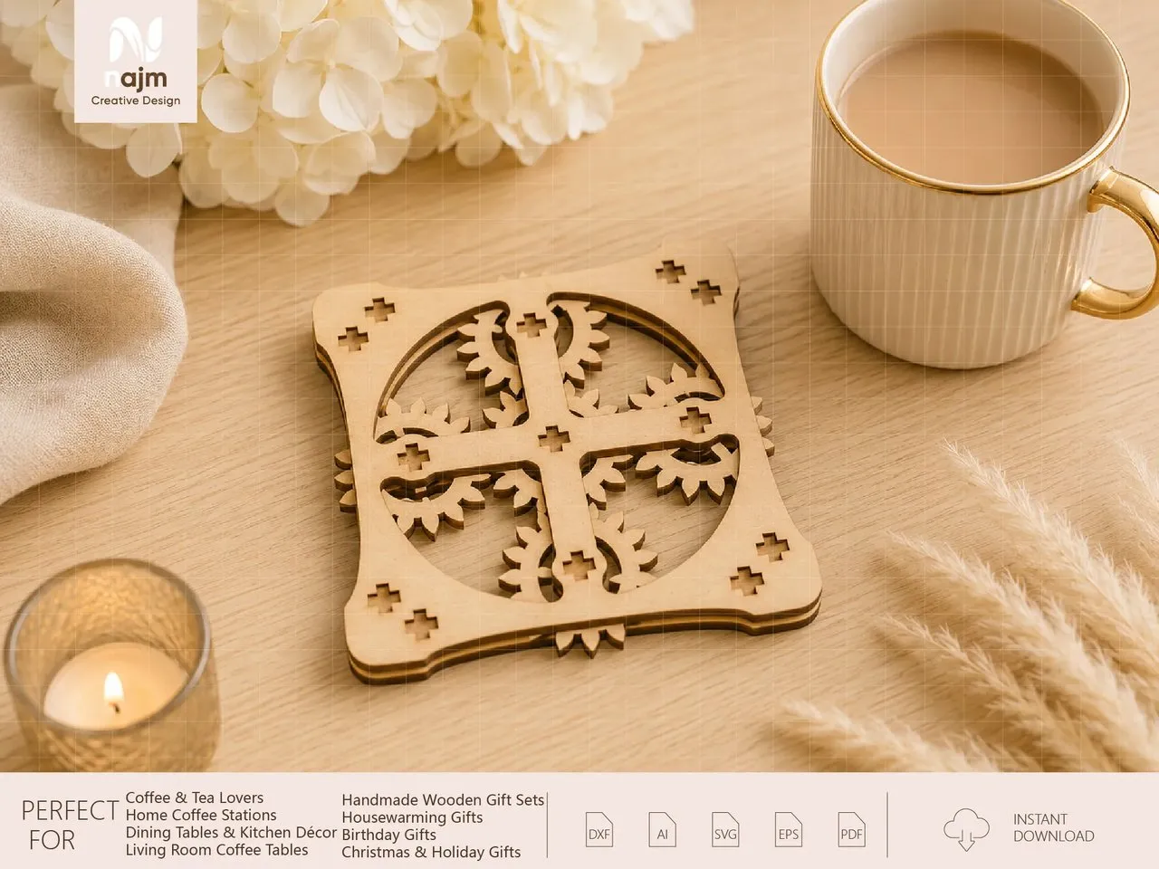 [Laser cut and engrave] Square Wooden Coaster with Intricate Cross and Gear Motif