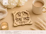 [Laser cut and engrave] Square Wooden Coaster with Intricate Cross and Gear Motif