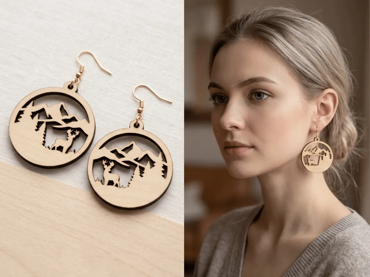 [Laser cut and engrave] Mountain and Deer Silhouette Round Dangle Earrings