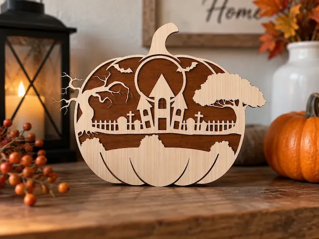 Halloween Pumpkin Silhouette with Haunted House and Graveyard Scene