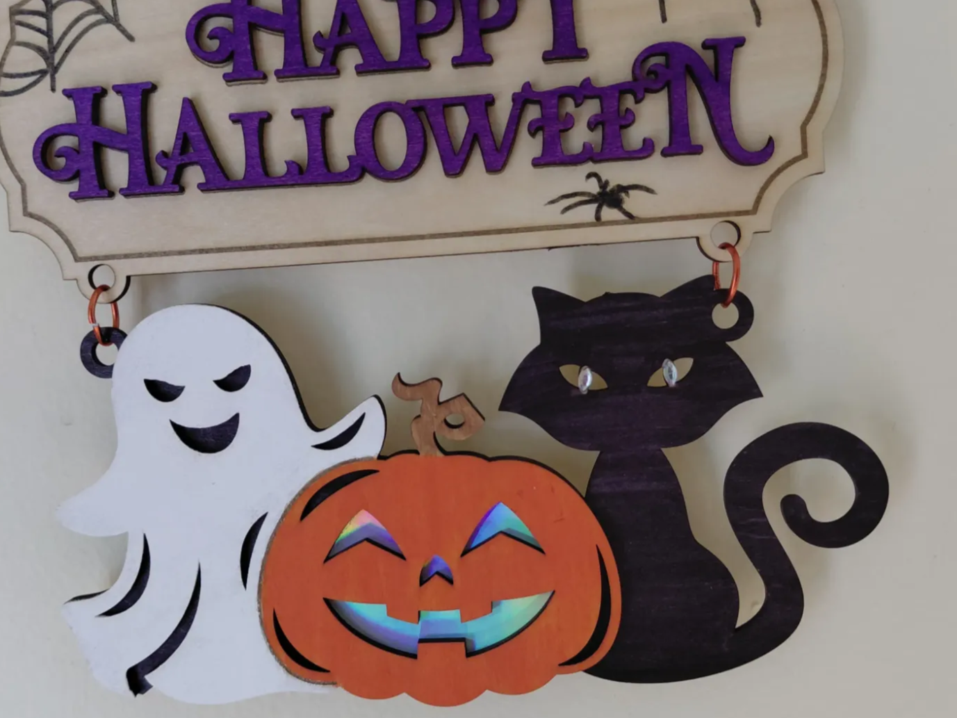 Happy Halloween Hanging Sign with Ghost Pumpkin and Black Cat