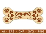 [Laser cut and engrave] Wooden Dog Bone Ornament with Paw Print and Floral Cutout Details