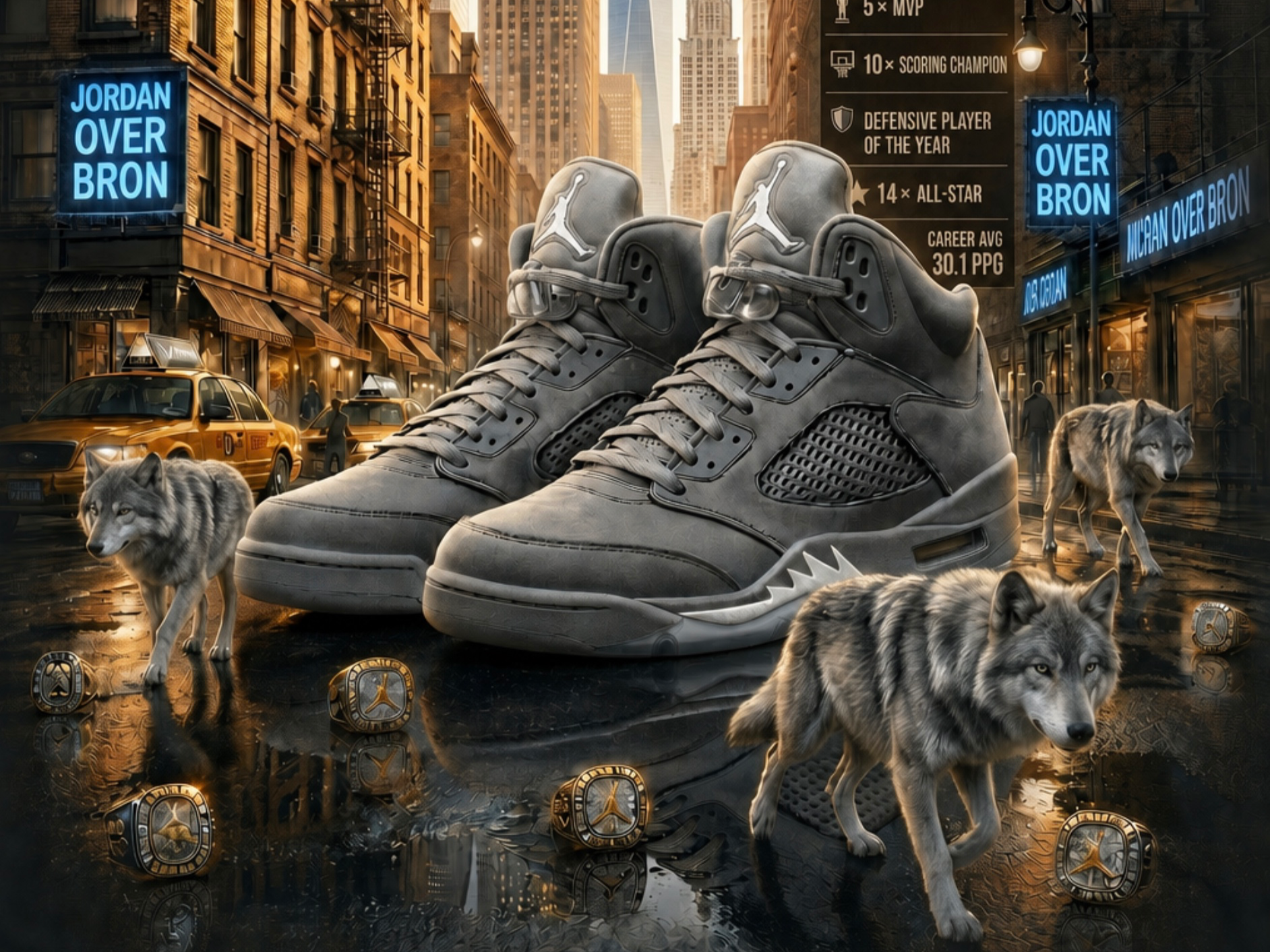 Grey High-Top Basketball Sneakers with Championship Rings and Wolf Motif