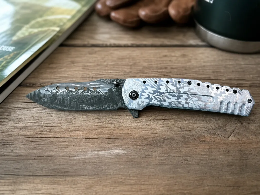 Restored Custom Knife: Hunting Scene Blade & Deep Engraved Camo Handle