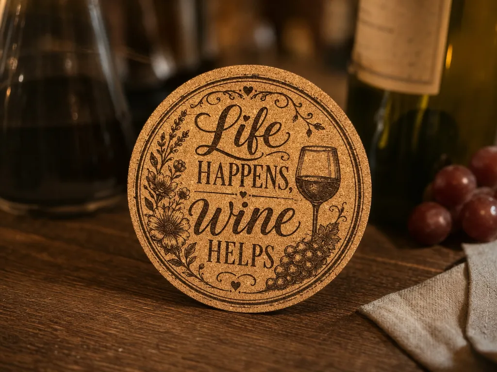 Life Happens Wine Helps Round Cork Coaster