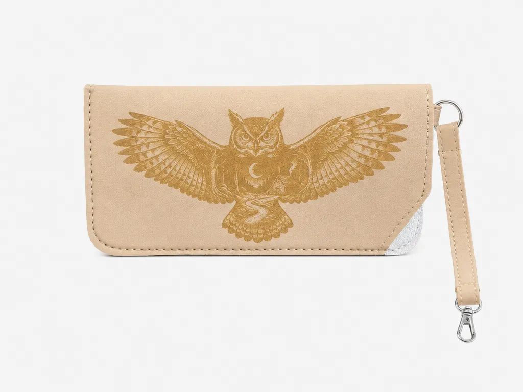 Beige Wristlet Eye Glass Holder with Owl Illustration