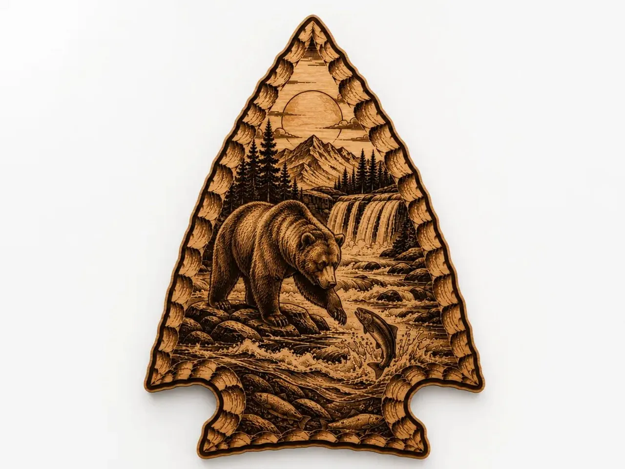 [Laser cut and engrave] Arrowhead Wall Art Featuring Grizzly Bear and Salmon in Mountain Landscape