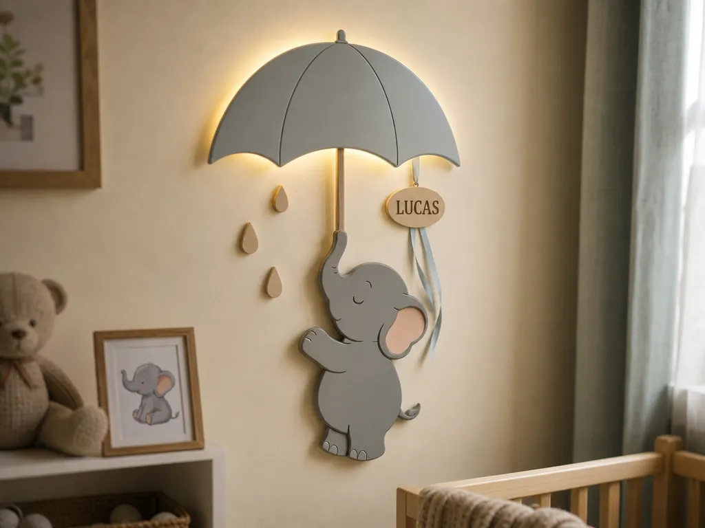 Applique murale lumineuse éléphant avec parapluie personnalisée