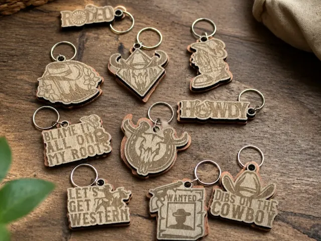 Western Themed Cowboy and Rodeo Style Wooden Keychains, double layer