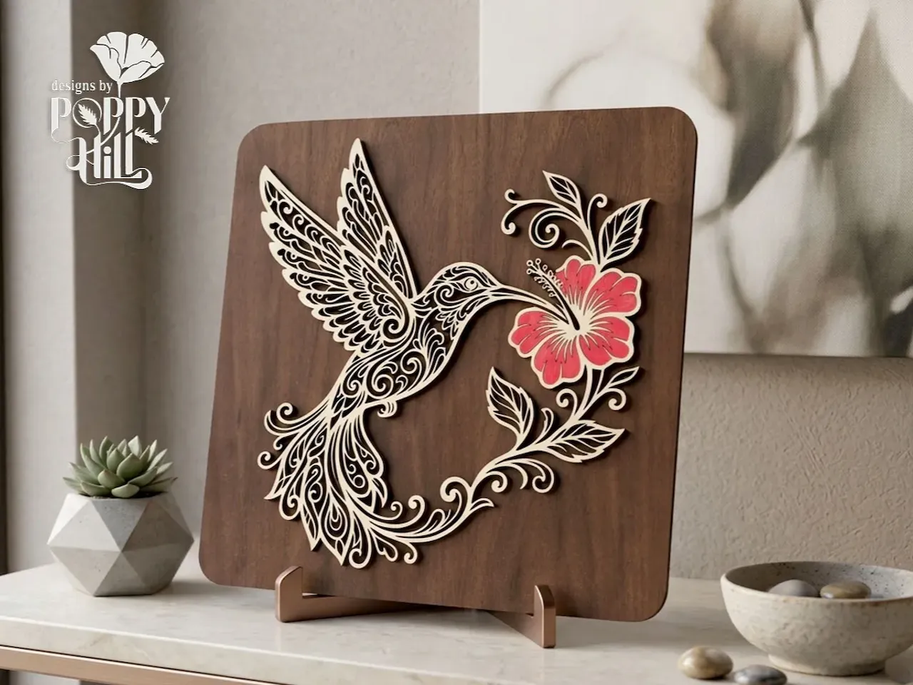[Laser cut and engrave] Hummingbird and Hibiscus Flower Layered Wooden Art