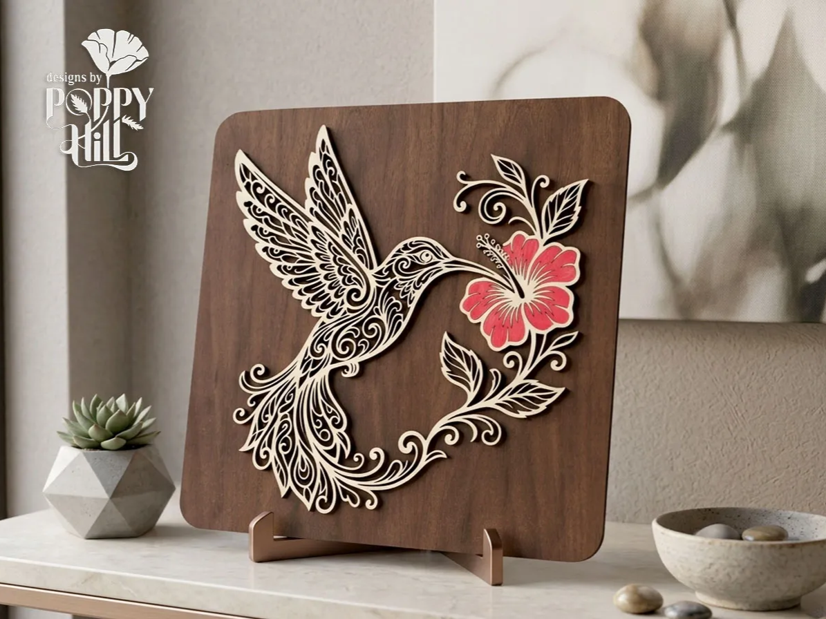 Hummingbird and Hibiscus Flower Layered Wooden Art
