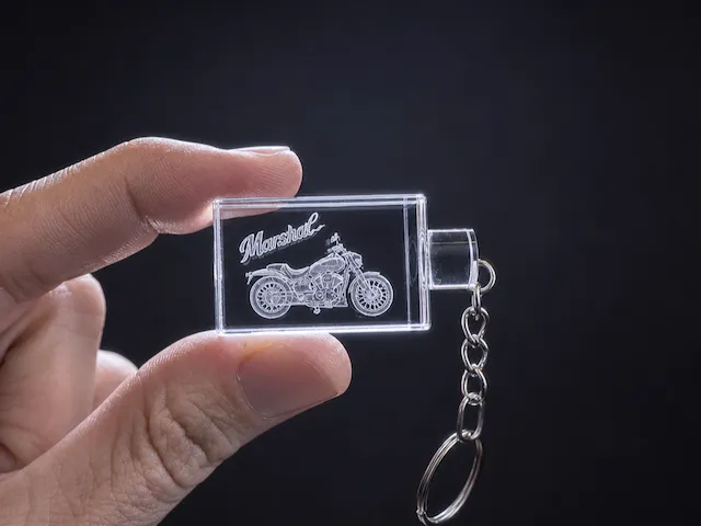 Clear Acrylic Keychain with Motorcycle Graphic and Marshal Text