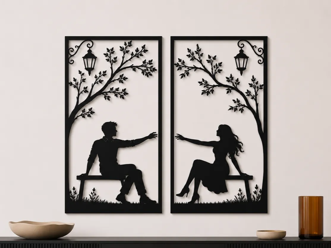 Long Distance Love Wall Art SVG | Romantic Couple Bench Panels | Missing You Decor | Long Distance Relationship Gift | Laser Cut SVG Digital Download