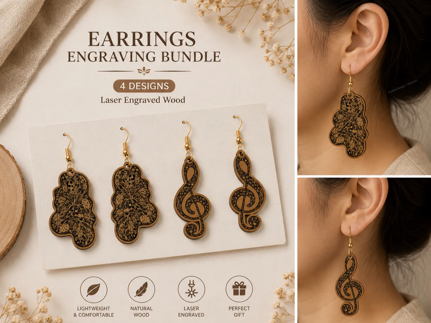 Floral and Treble Clef Patterned Wooden Dangle Earrings