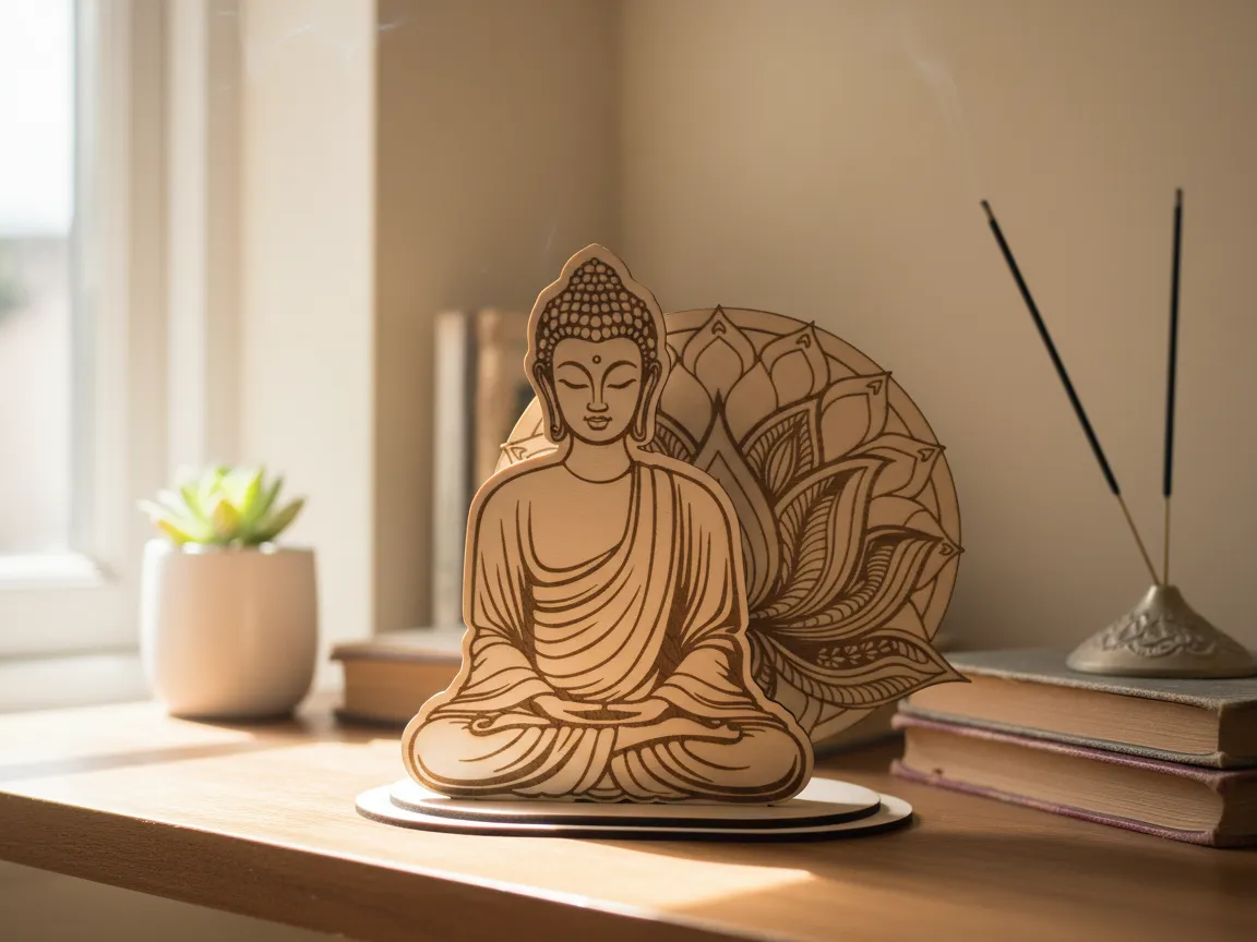 Statue de Bouddha en bois avec motif de fleur de lotus