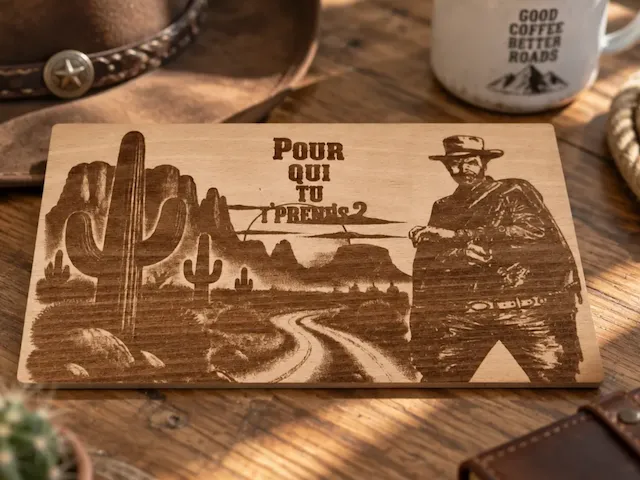Plaque en bois style western avec cowboy et paysage désertique