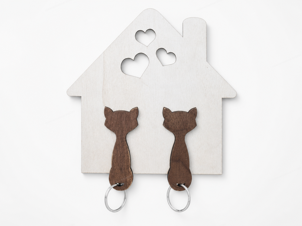 A white house-shaped key holder with two cat keychains hanging from it