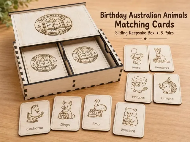Birthday Australian Animals Montessori-Inspired Matching Cards | 8 Pair Memory Game & Keepsake Box