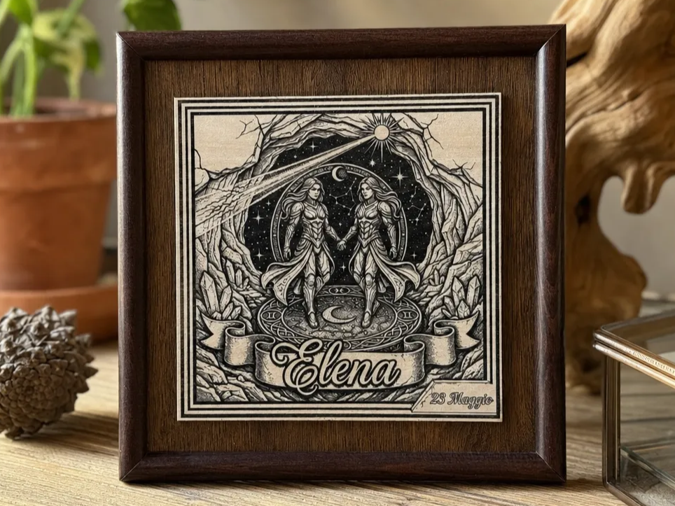Quadro in legno con segno zodiacale dei Gemelli personalizzato con nome e data