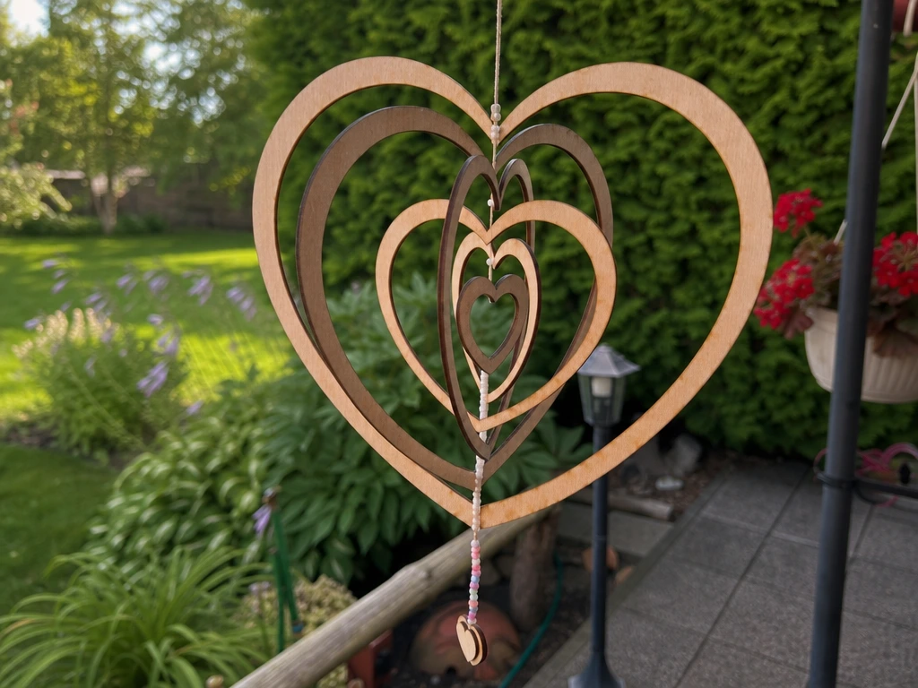 Hängendes Windspiel aus ineinander verschachtelten Holzherzen