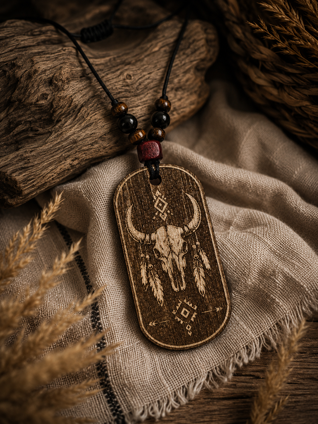[Laser cut and engrave] Pendentif en bois avec motif de crâne de bison et plumes