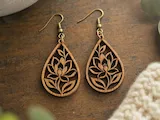 [Laser cut and engrave] Teardrop Wooden Earrings with Floral Lotus Cutout Design