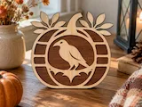 [Laser cut and engrave] Wooden Pumpkin Tabletop Sign Featuring a Raven Silhouette – Laser Cut Design