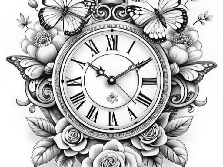 Horloge murale ornée de fleurs et de papillons