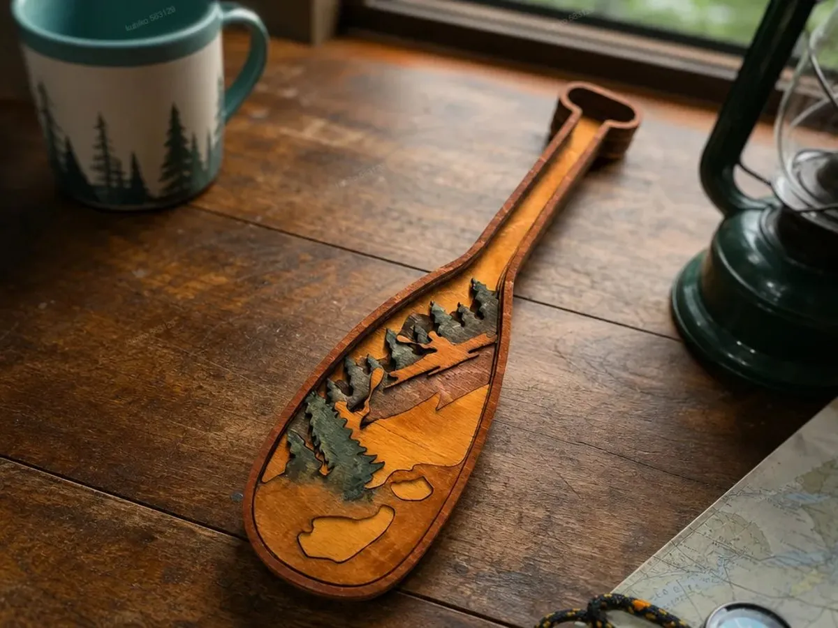 [Laser cut and engrave] Wanddekoration in Form eines Paddels mit Berg- und Waldmotiv