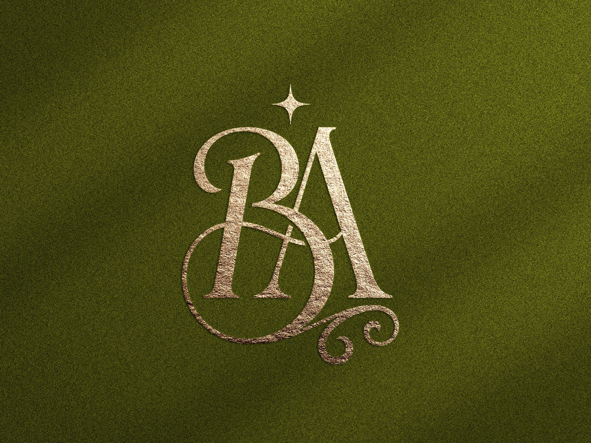 Monogramme doré avec initiales BA sur fond texturé vert