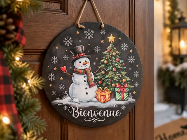 Panneau de porte de Noël noir avec bonhomme de neige et sapin