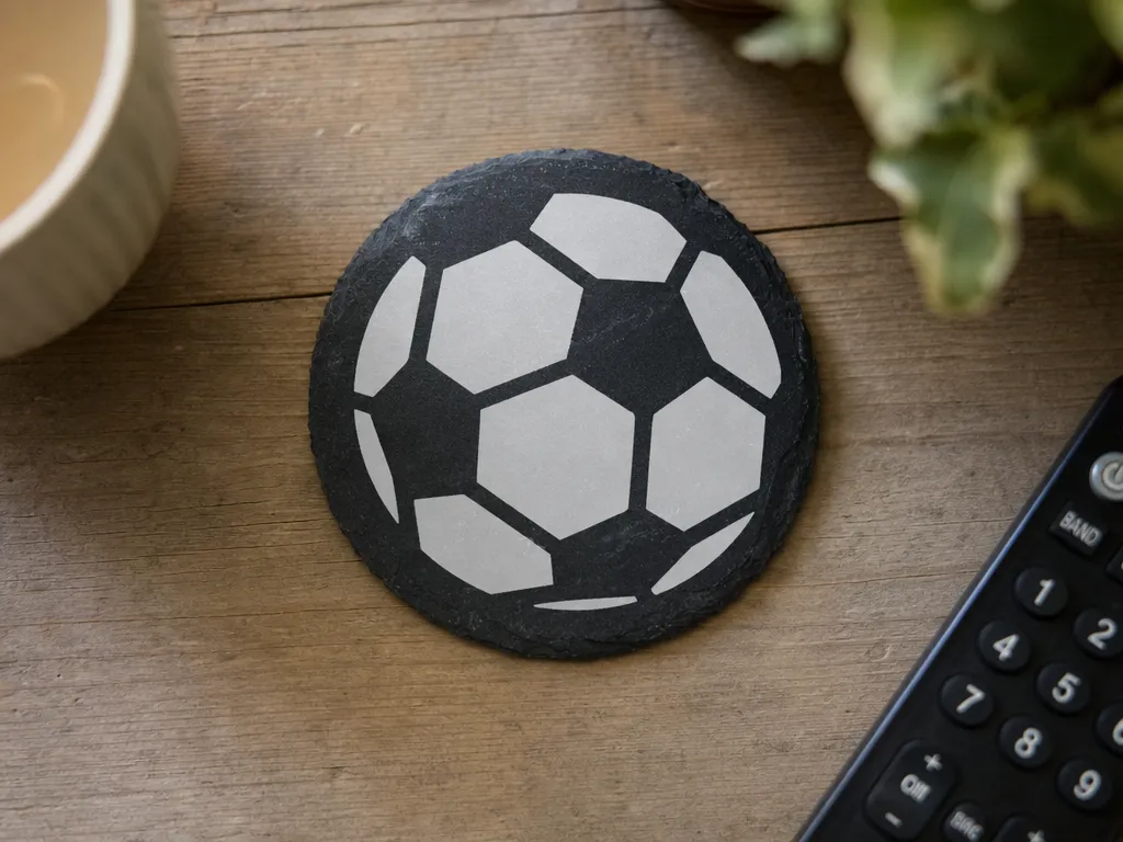 Round Slate Coaster Featuring a Soccer Ball Design