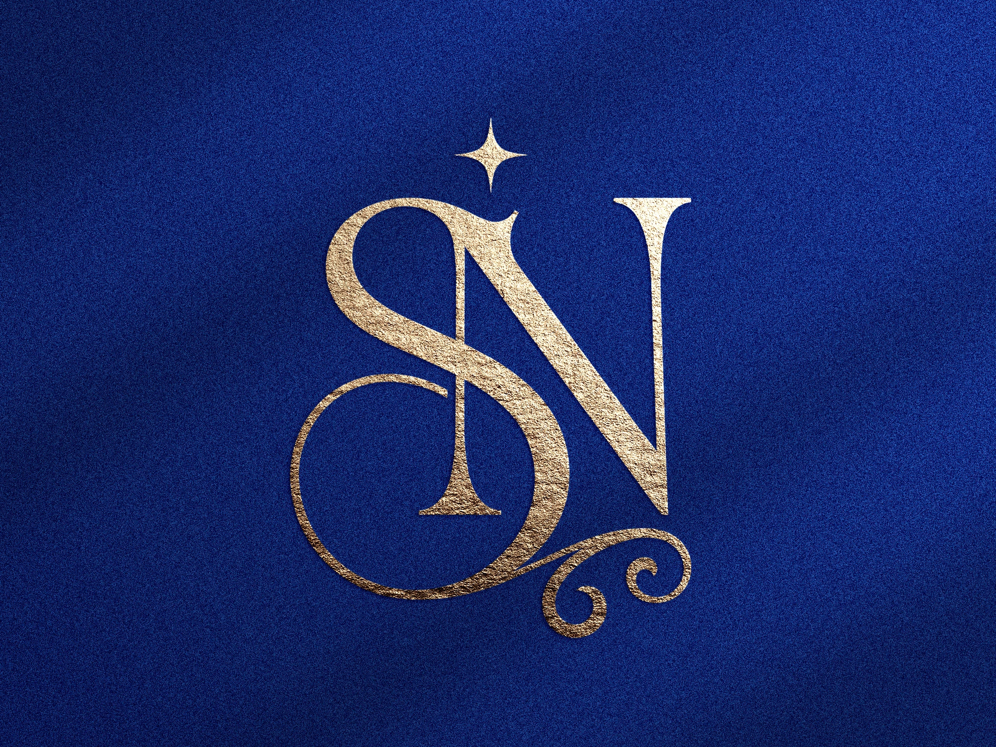 Monogramme doré avec les lettres S et N sur fond bleu texturé